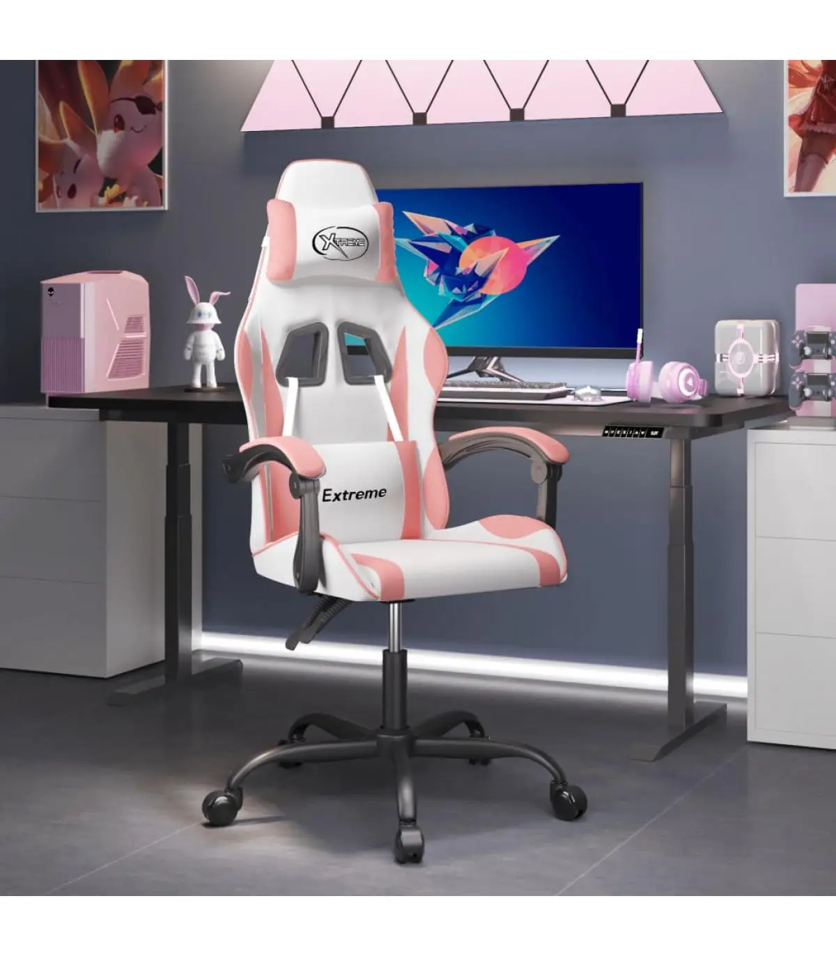 Video game armchairs swivel gaming chair synthetic leather white and pink