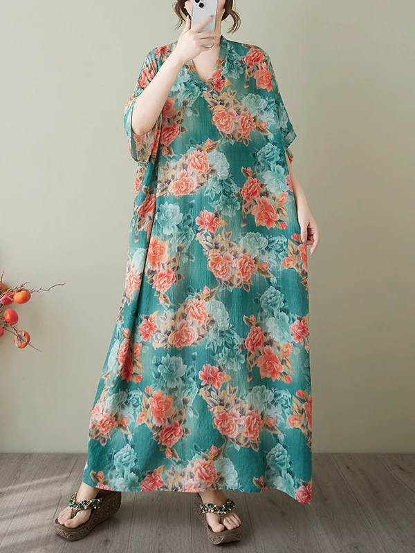 Vestido de Aodão e Linho até o Joelho, Decote em V, Estampado, Solto, Manga Curta, Vestido de Verão em Forma de H para Uso ...