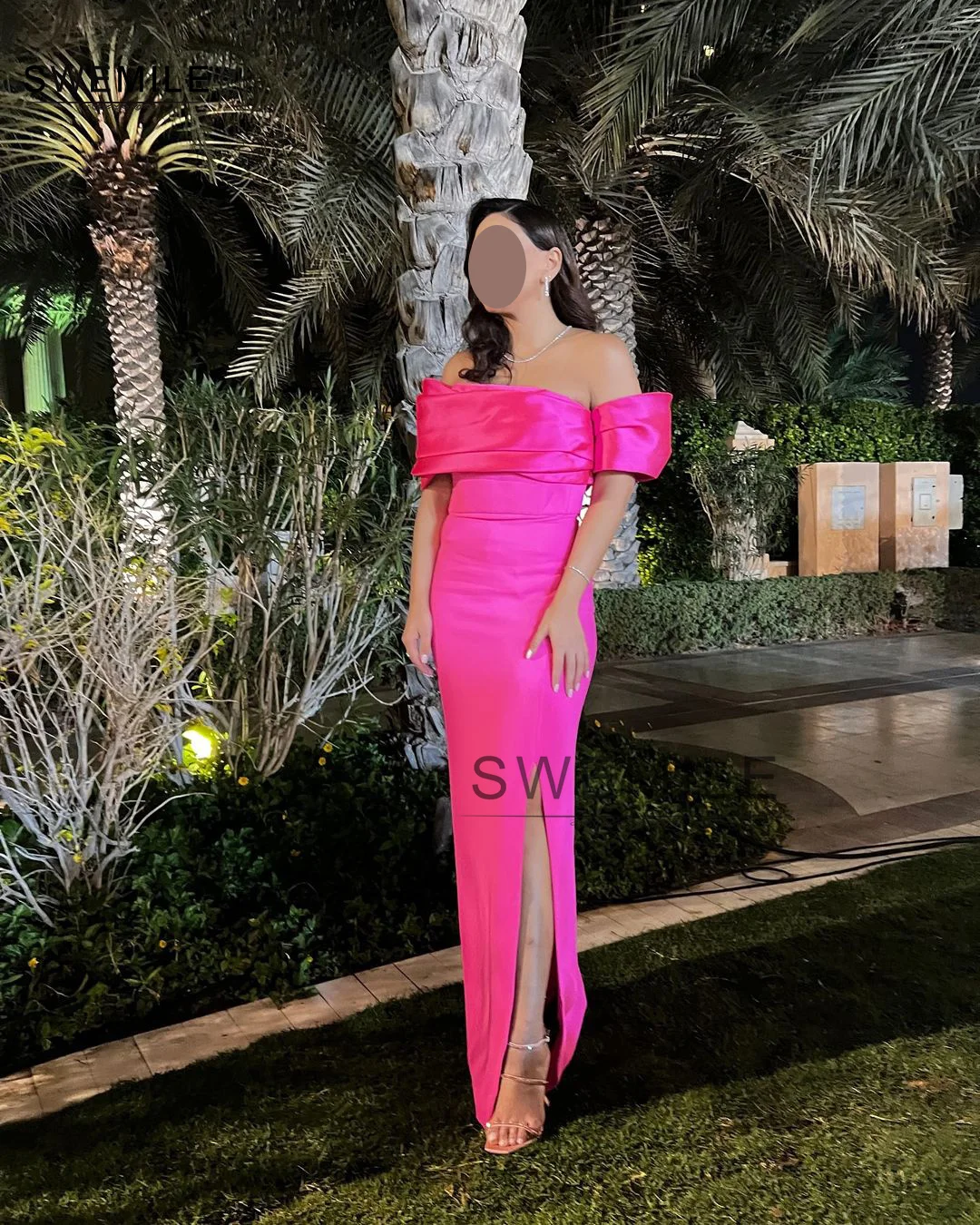 SWEMILE Pink Sheath Chiffon High Slit Off-The-Shoulder Neckline Zipper Up Evening Dress Long Elegant And Beautiful Dresses