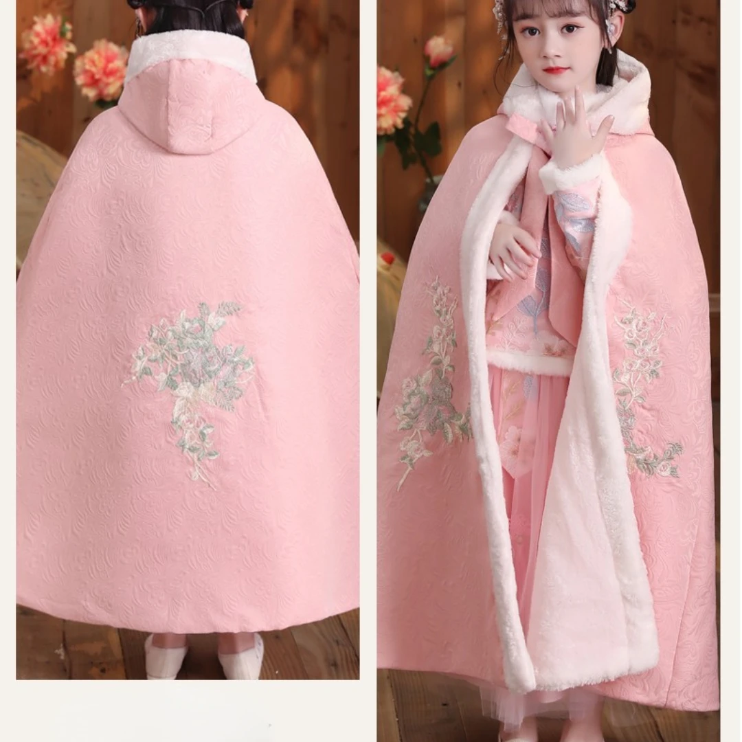 Children Girl Shawl Cloak Baby Out Windproof Hooded Coat Girl Plus Velvet Hanfu Cloak Chinese Style Autumn Winter Cape