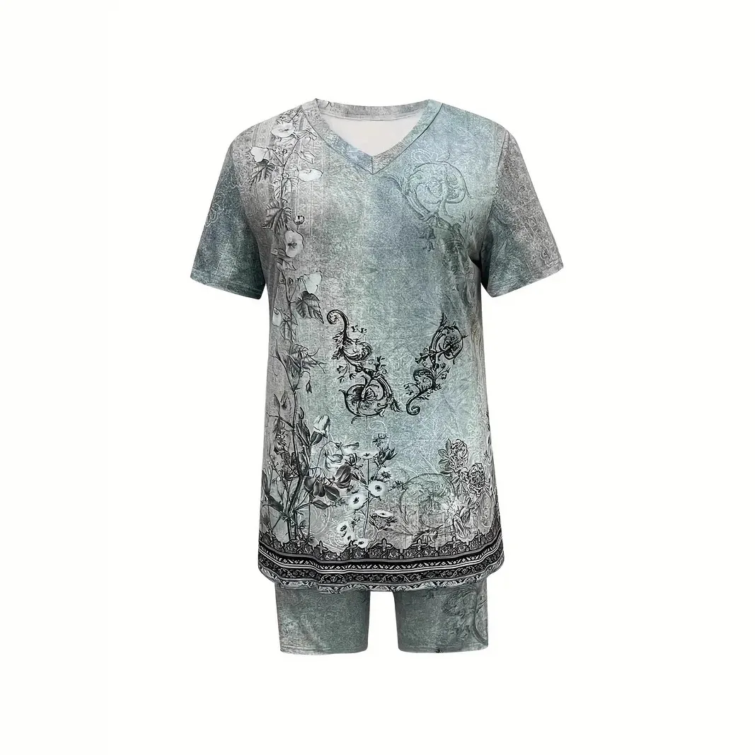 ファッションVネック半袖プリントツーピースセット レディース 2025 夏 カジュアル ホーム 快適 ツーピースセット レディース トップス＆ショーツ