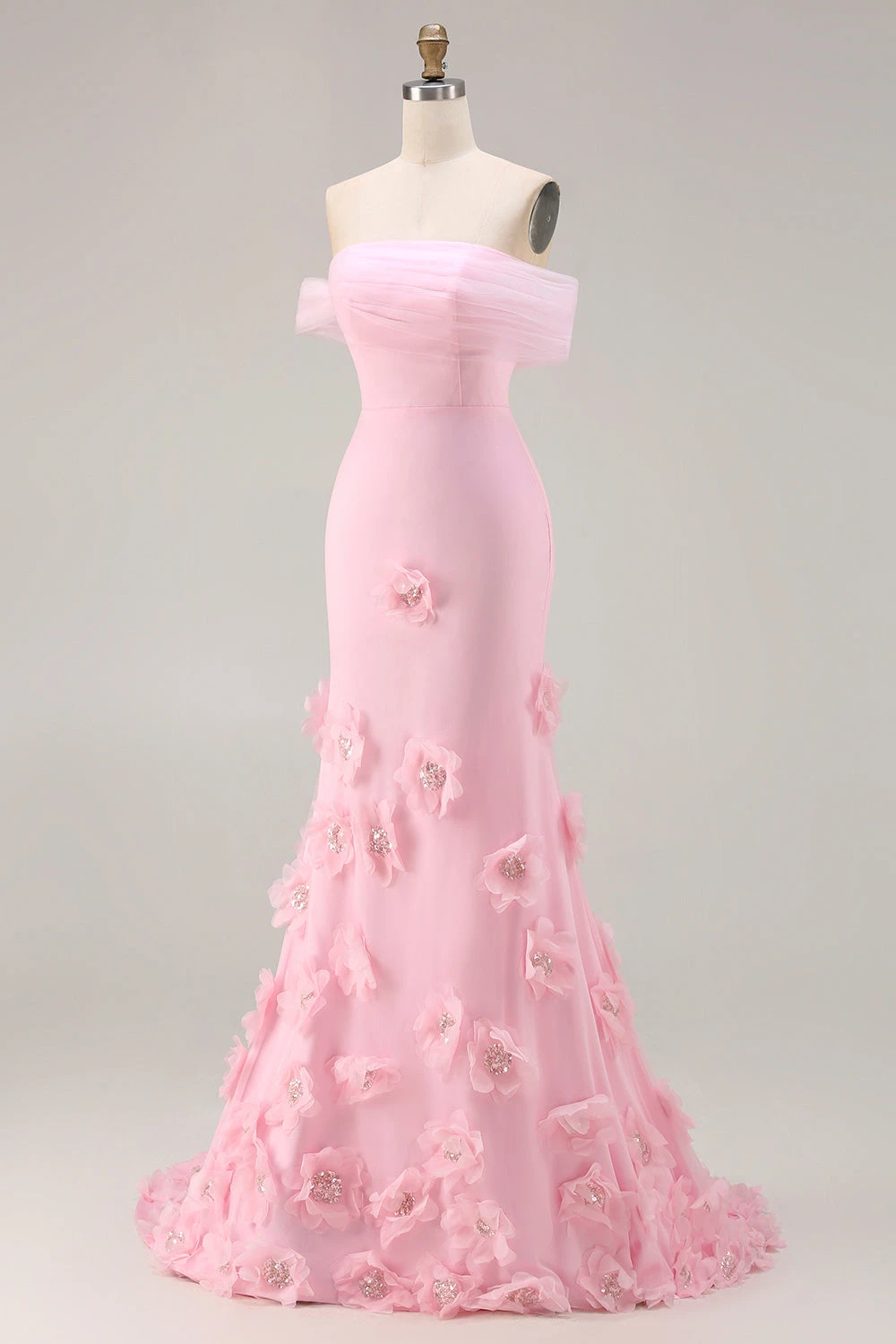 

Pink Off-Shoulder Mermaid Elegant Formal Evening Party with 3D Flowers Party Dress Court Train Floor-Length Evening Dresses