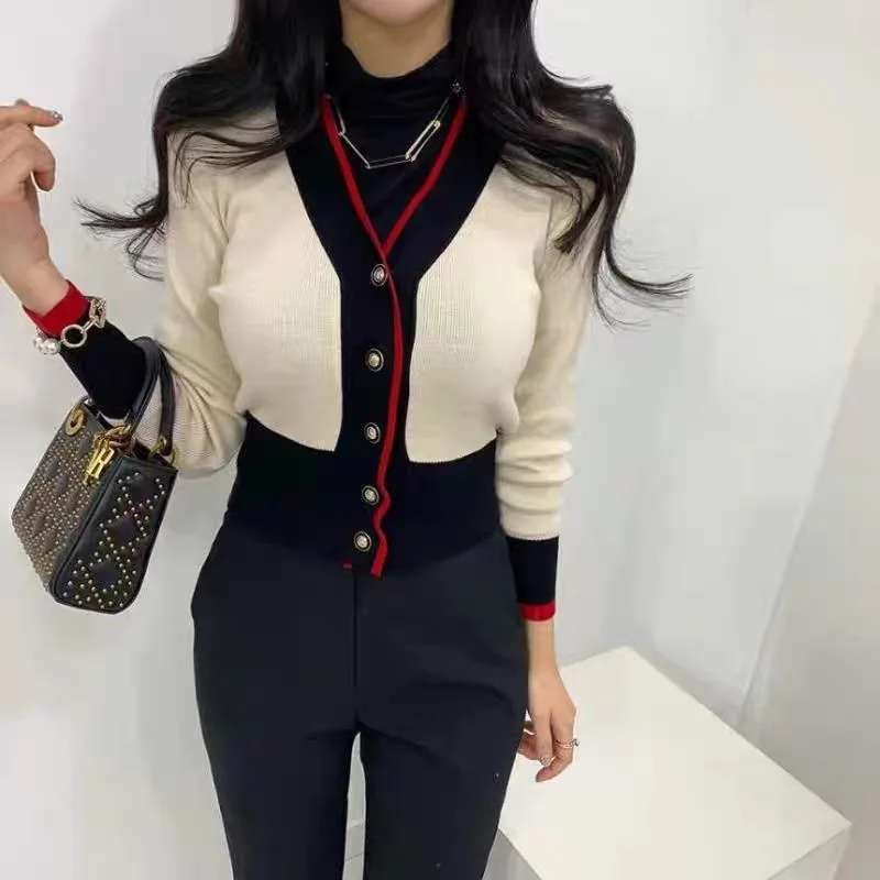 

Women Clothing Slim Fashion Short Sweaters Autumn Elasticity V-neck Knitted Cardigan Tops Vintage Knitwear