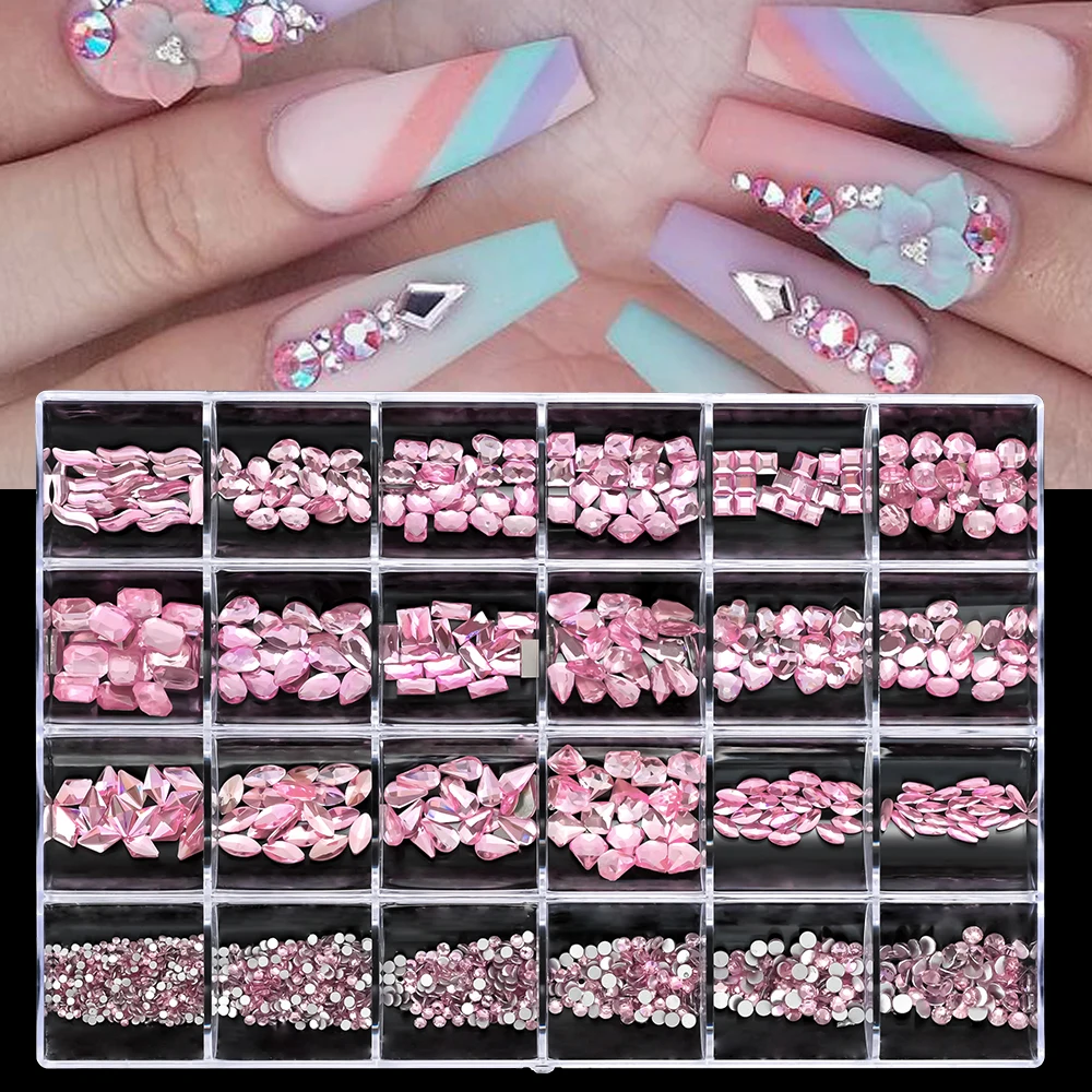 

2400pcs + Pink Luxury Rhinestone Nail Art Jewelry Set Glass Nail Crystals Box 3D Flat Glass Shaped Diamond Nails Decoration Gem*