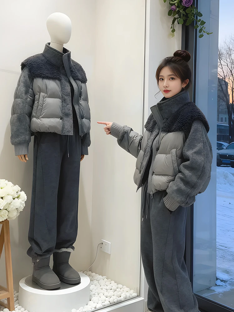 

Women's Stand Collar down Cotton Jacket Bread Style Outerwear Lamb Fur Splicing Winter New Arrival Korean Version Loose Fit