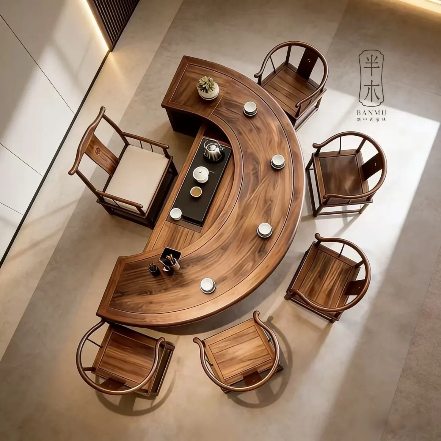 b11-7.2 new chinese style half-round table black walnut tea table set - high-end solid tea table furniture for office