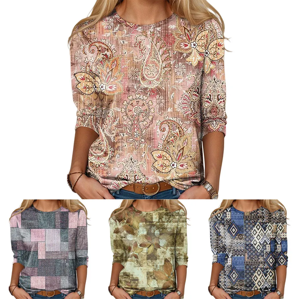 Kpop y2k feminino moda diária em torno do pescoço pullovers floral grade geométrica impresso camisa de manga comprida casual topos roupas femininas