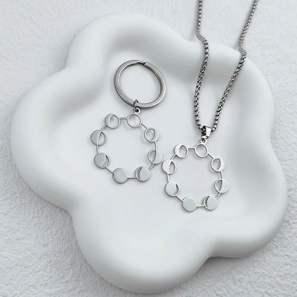 Cut‑Out Moon Phase Necklace Keychain 316L Stainless Steel Lunar Cycle Charm Unisex Daily Wear Jewelry Gift