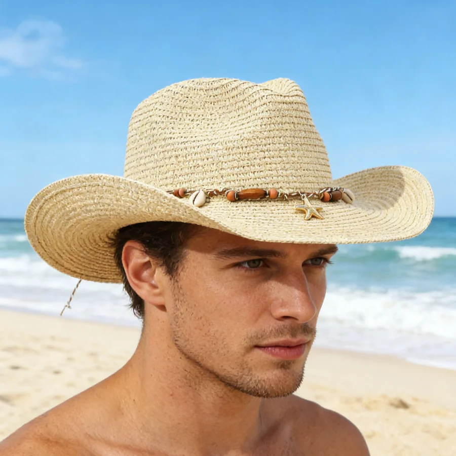 Bohemian Style Straw Cowboy Hat with Starfish and Shell Decorations, Large Brim Sun Protection Beach Hat for Summer, Breathable Straw Material, Couple's Style