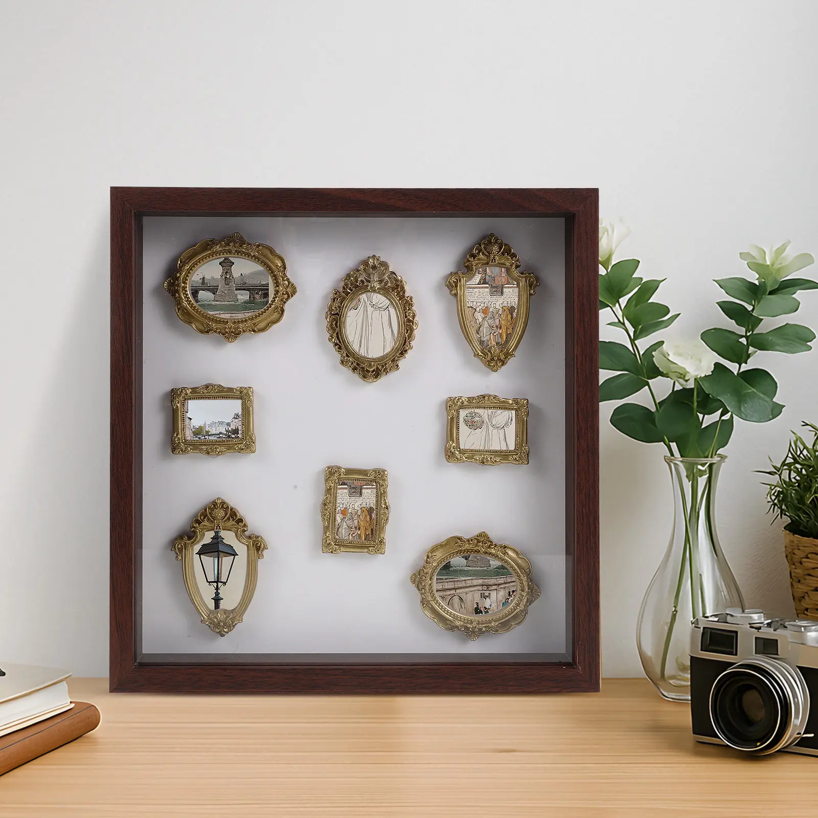 1Set Mini Shadow Box Frame Resin Deep Photo Display Case Small Square Memory Frame for Desk Shelf Home Office Decor Vintage