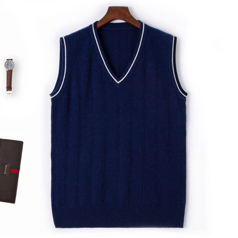 Autumn and Winter New Men's V-neck Pure Wool Sleeveless Knitted Vest, Pullover, Camisole, Versatile Sweater, Vest view 3