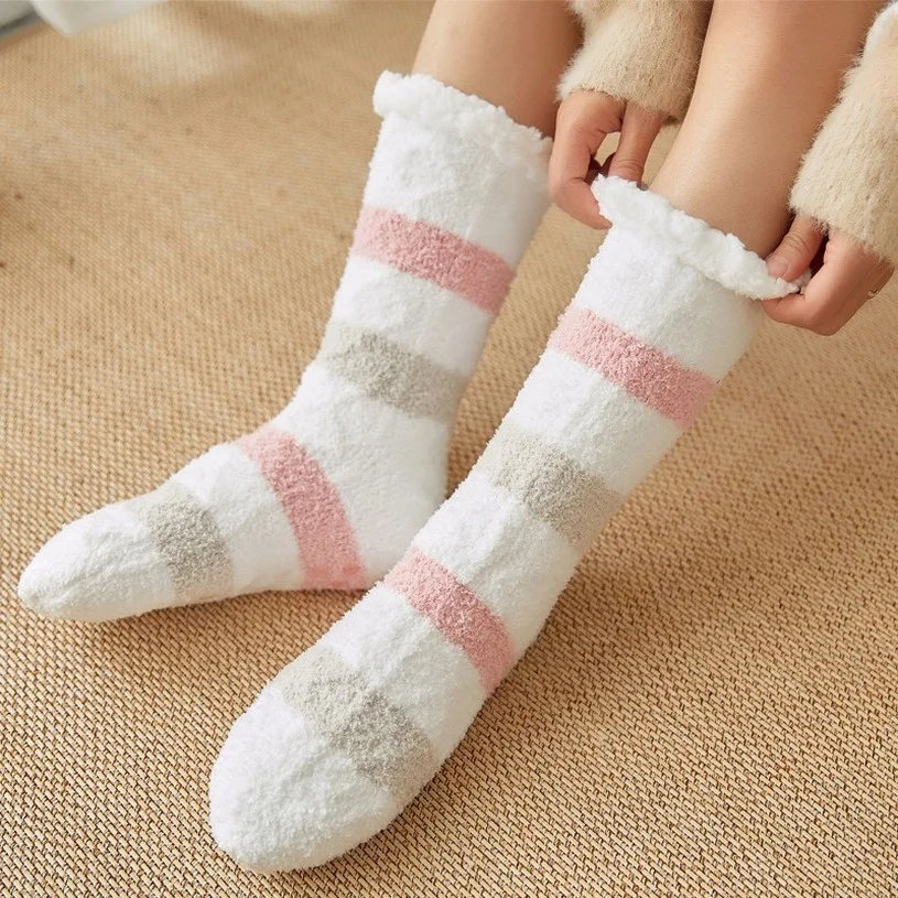 

Fluffy Striped Socks Women Winter Warm Soft Coral Fleece Female Comfy Grip Silicone Non Slip Thermal Slippers Sock Fuzzy Plush