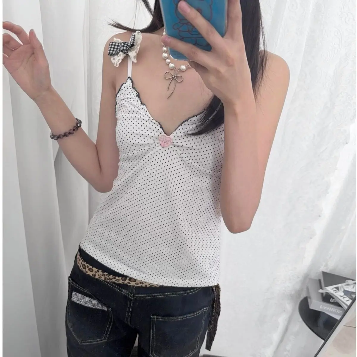 Subculture Y2k Crop Top Vest Women V-Neck Sexy Kawaii Clothing T-shirts Outwear Casual Harajuku Tees Dot Korean Fashion Chic