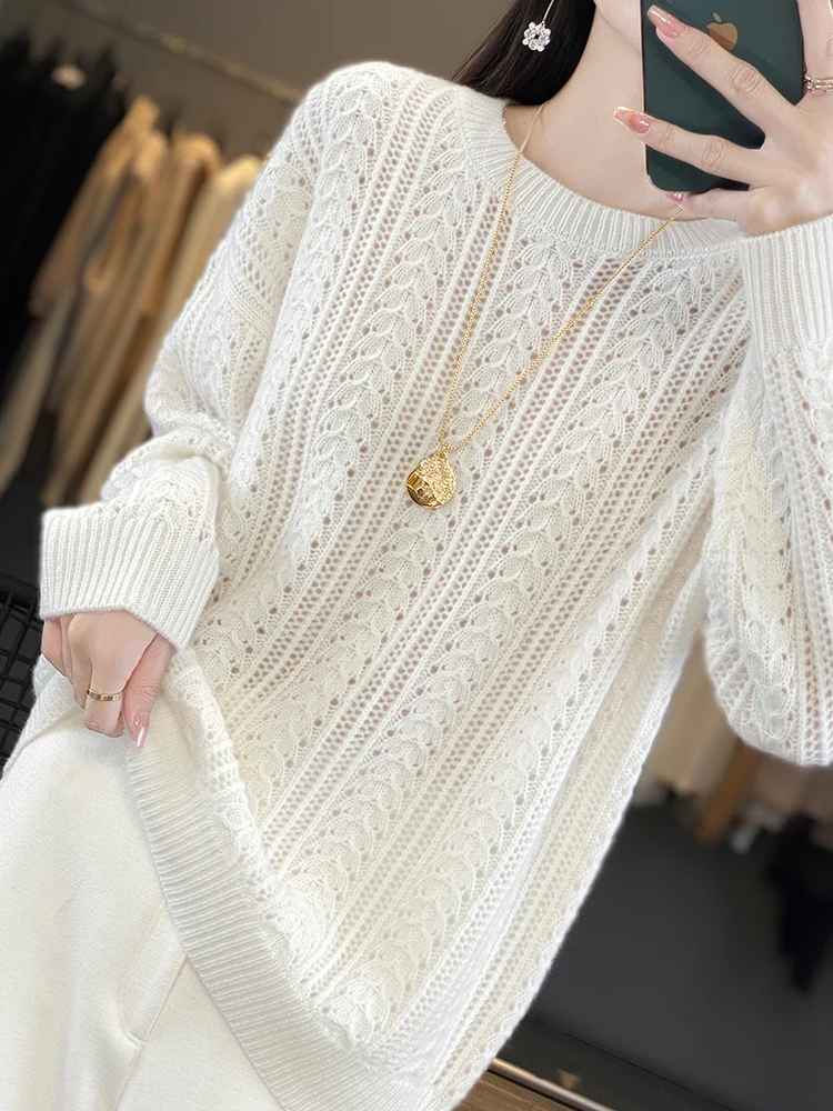 New Arrivals Hollow Out Large Size 100% Merino Wool Women\'s Sweater O-Neck Pullovers Knitted Jumpers Lady Clothes Fashion Trends