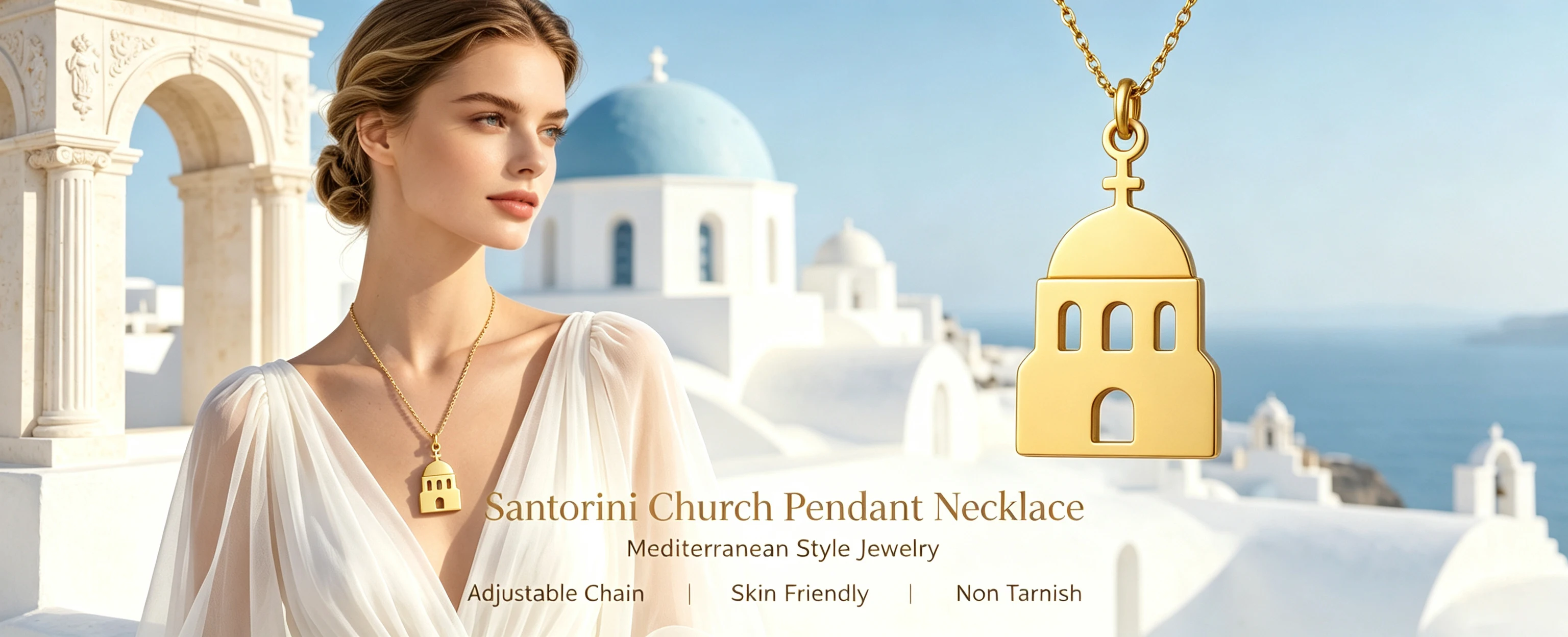 Kkjoy Santorini Kirchen-Anhänger Halskette Edelstahl Griechische Ägäische Kuppel Gebäude Kreuz Unisex Damen Herren Mädchen Reise-Souvenir – Detail 3