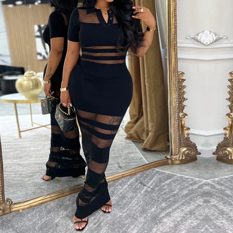 Vestido Polo transparente a rayas de malla para mujer, vestidos sexis ajustados con cuellos vuelto enjaulados para fiesta, Vestido de noche para discoteca