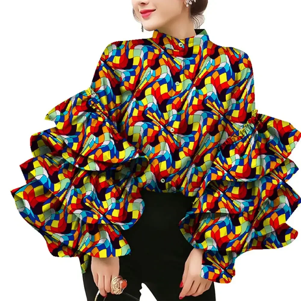 African Dress Shirt Stand Collar Layers Flare Sleeve Blouses for Women Wax Print Cotton Top Plus Size Lady Clothes Party WY8635