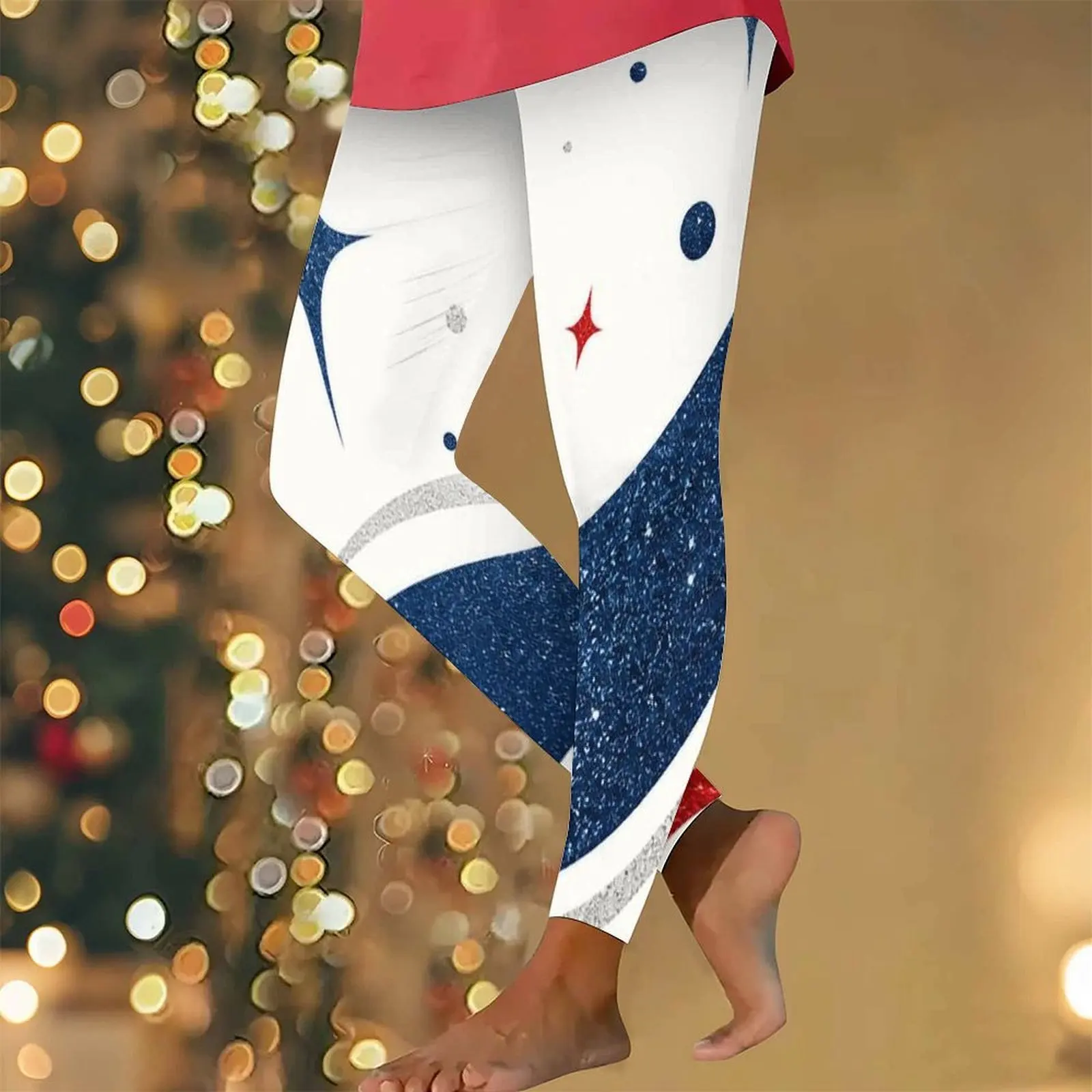 Women High Waist Full Length Fitted Printed Leggings, Navy Base Red Blue Silver Glitter Radiant Starburst Pattern