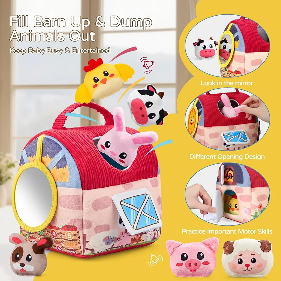 Giocattoli per bambini 6-12 mesi, giocattoli da fienile con animali da fattoria ripieni per i più piccoli 1-3 Alveare di peluche per bambini con sonagli Specchio battente