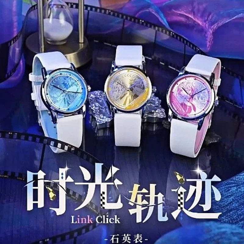 

Lucky Stone Link Click Official Licensed Anime Watch Blue Engraved Dial White Leather Strap Cheng Xiaoshi Lu Guang Qiao Ling