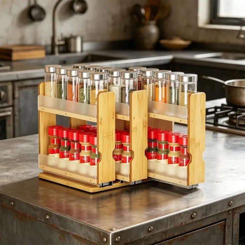 Pull Out Seasoning Storage double Layer Wooden Cabinet Holder For Kitchen Space Saving B03E