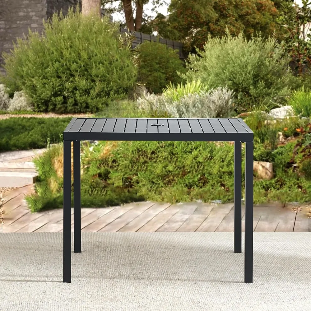 

Square Outdoor Dining Table for 4, Metal Patio Dining Table with Umbrella Hole for Garden, Backyard and Deck, Black