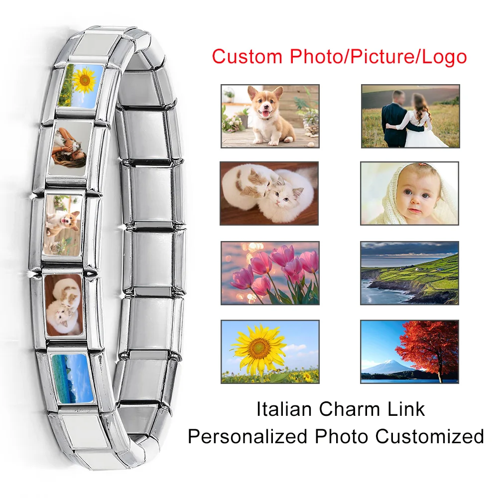 

URING 1pc Personalization Bulk Customized Picture Photo Italian Charm Link Fit 9mm Stainless Steel Bracelet DIY Beads Jewelry