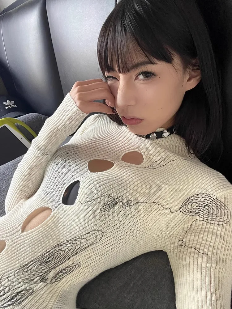 American Sexy Hollow Out Thin Sweaters 2024 New Slim Fit Knitted Tops Women Y2k E-Girl Long Sleeve Print Pullovers Mujer