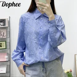 High Quality Spring Summer Long Sleeve Cardigans Top Mid-long Stripes Hot Drilling Casual Shirt Elegant Loose Elegant Blouses