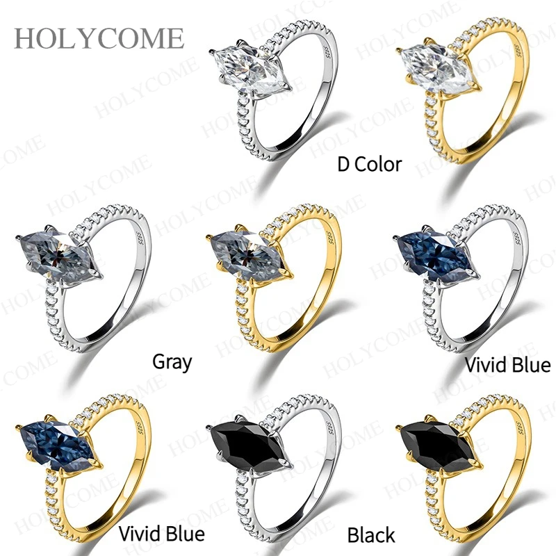 

925 Sterling Silver Moissanite Ring 2ct Marquise Cut D Color White/Black/Gray/Blue Daily Wear Fine Jewelry Mother's Day