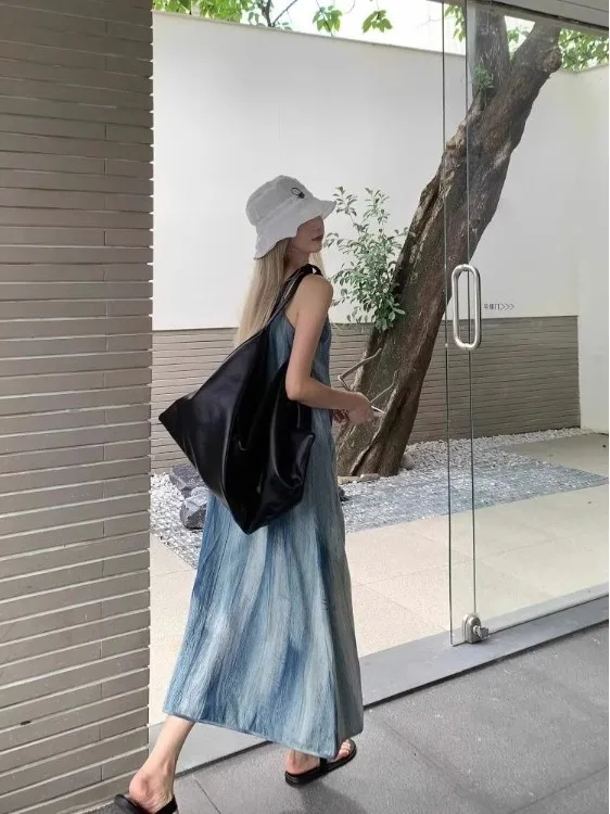 Elegant Tie Dye Maxi Dress Women's Summer Loose Casual Beach Vacation Gown High Waist A-Line Skirt Korean Style Commute