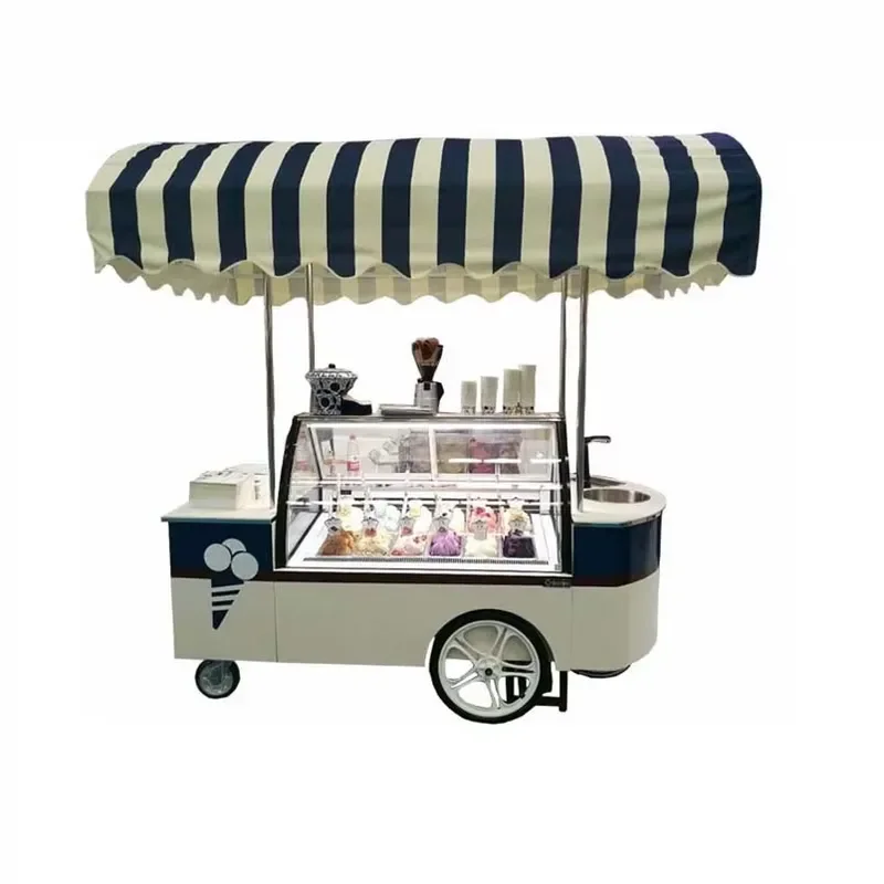 220V Ice Cream Vending Cart with Big Wheels Commercial Refrigerator Popsicle Display Freezer Mobile Street Food Vendor