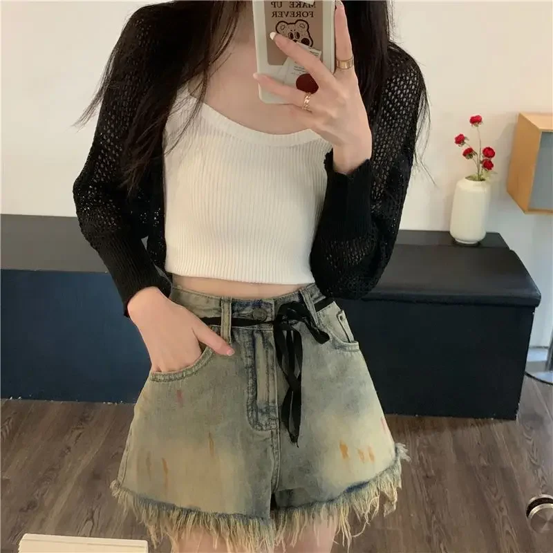 New Spring Summer Women Cropped Cardigan Knitted Tops Shawl Korean Fashion Sun Protection Clothes Long Sleeve Thin Jacket