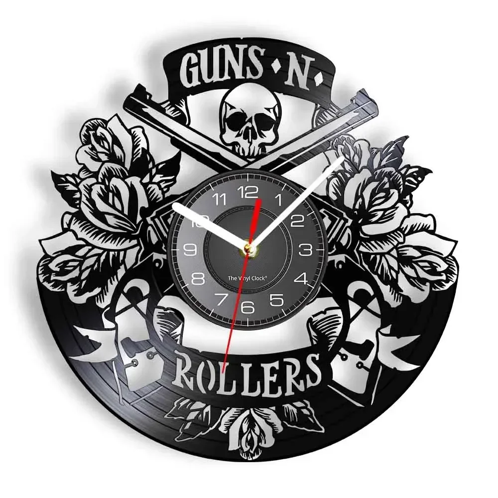 Guns N Rollers Vinyl Record Wall Clock for Tattoo Studio Decor Skull & Rose Carved Gramophone Music Record Clock Tattooist Gift