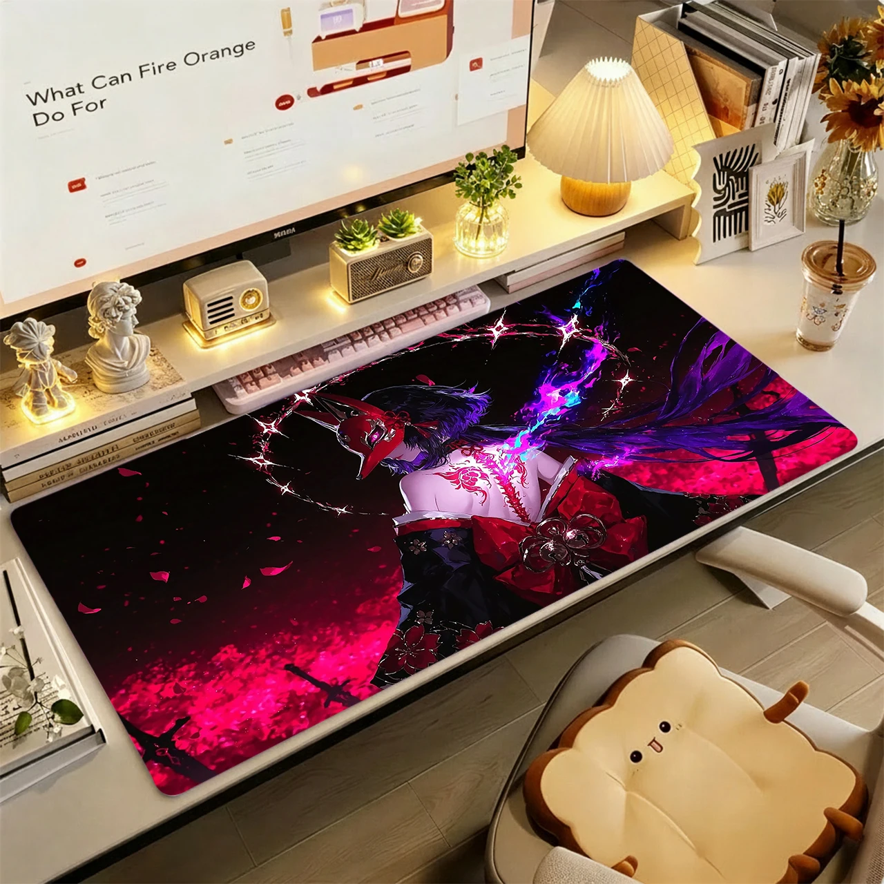 Gaming Mouse Pad, Large Desk Mat, Anti-slip, Stitched Edges, Red Purple Mask Anime Print, Extended Pad for Home Office
