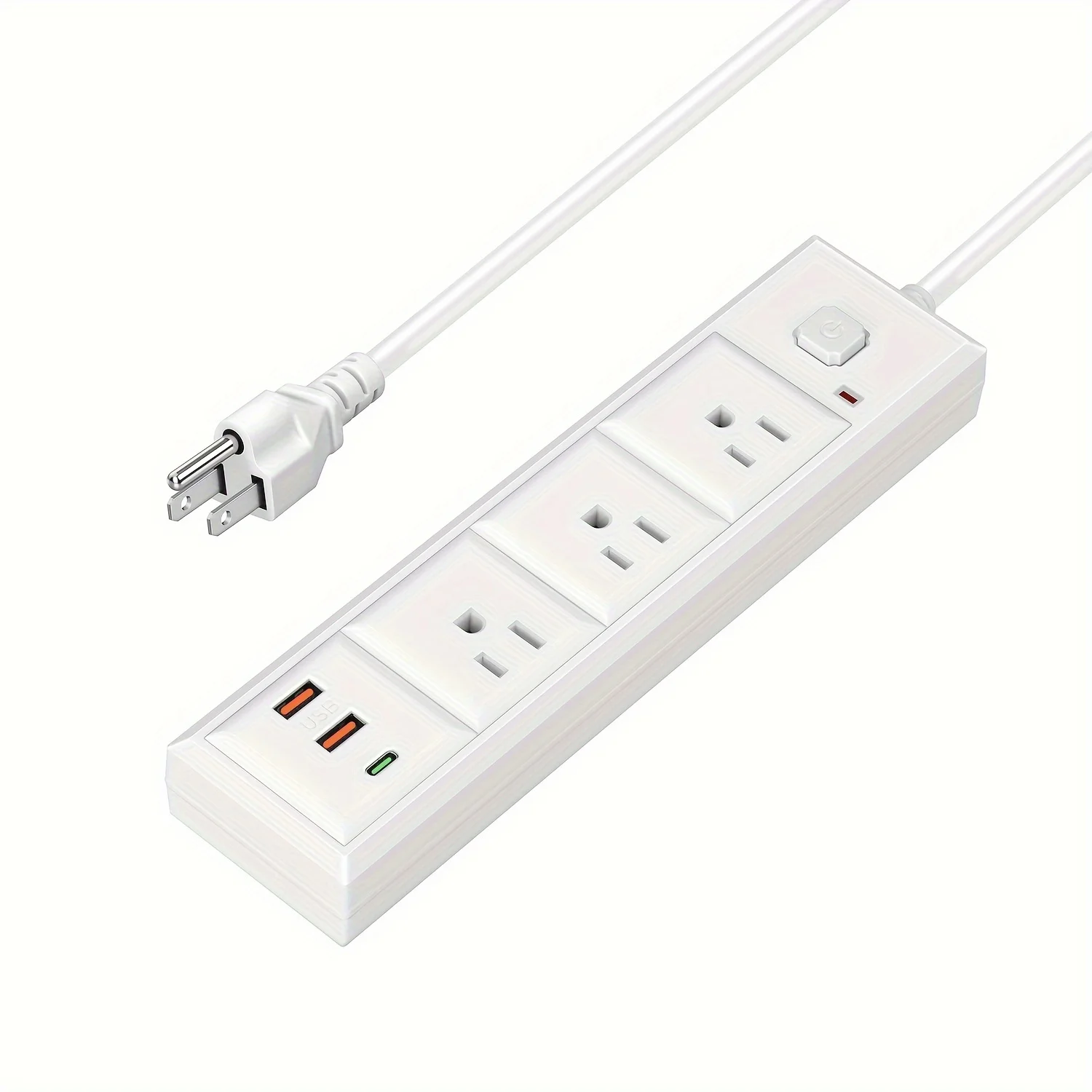 power socket with switch, 3 Outlets 2 USB 1 Type-C, Fast Charging,6.5-Foot Rugged Extension Cord for Home, Office，Travel, White