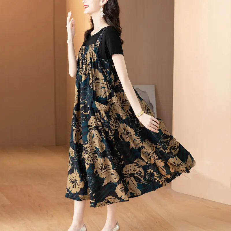 Summer New Elegant Fashion Knee-length Dress Women Drape Print Floral Strap Skirt Two-piece Suit Loose Casual Vestidos De Fiesta