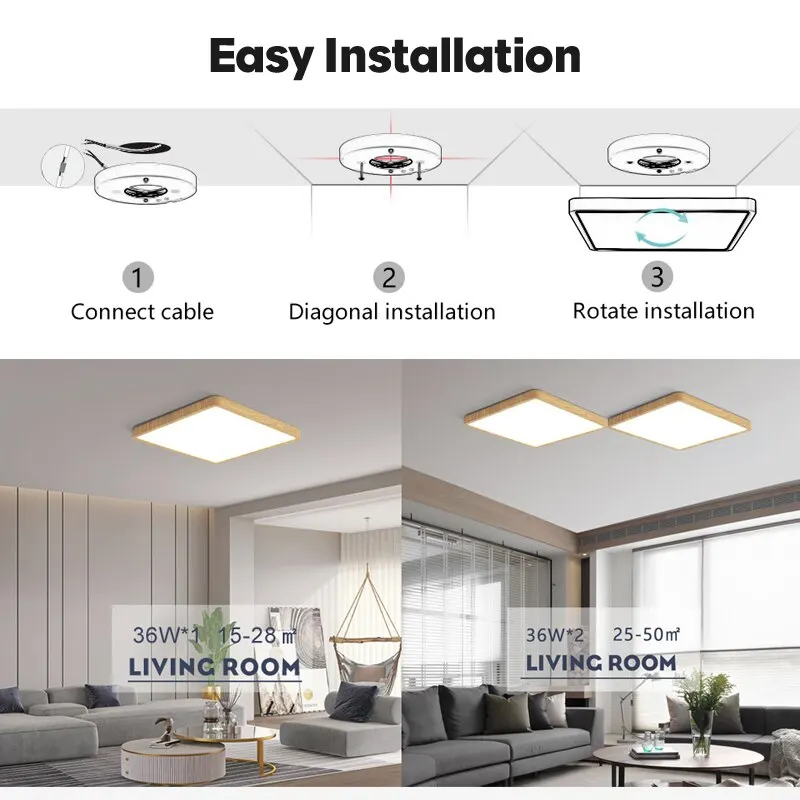 Tuya Smart Ceiling Lamp 36W Wood Grain Square Design LED Ceiling Light With Alexa Google Voice Control For Home