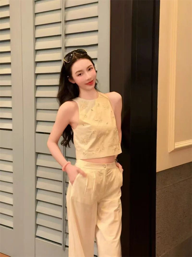 

Комплект Nothing Nine Madelaine: Длинные брюки с пайетками и жилет с ромбовидным узором, летний модный набор, женская одежда премиум-класса