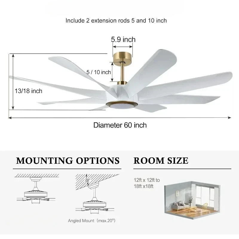 Ventilador de teto controle remoto com luz regulável, alta CFM Silencioso, Motor DC, moderno, inteligente, grande