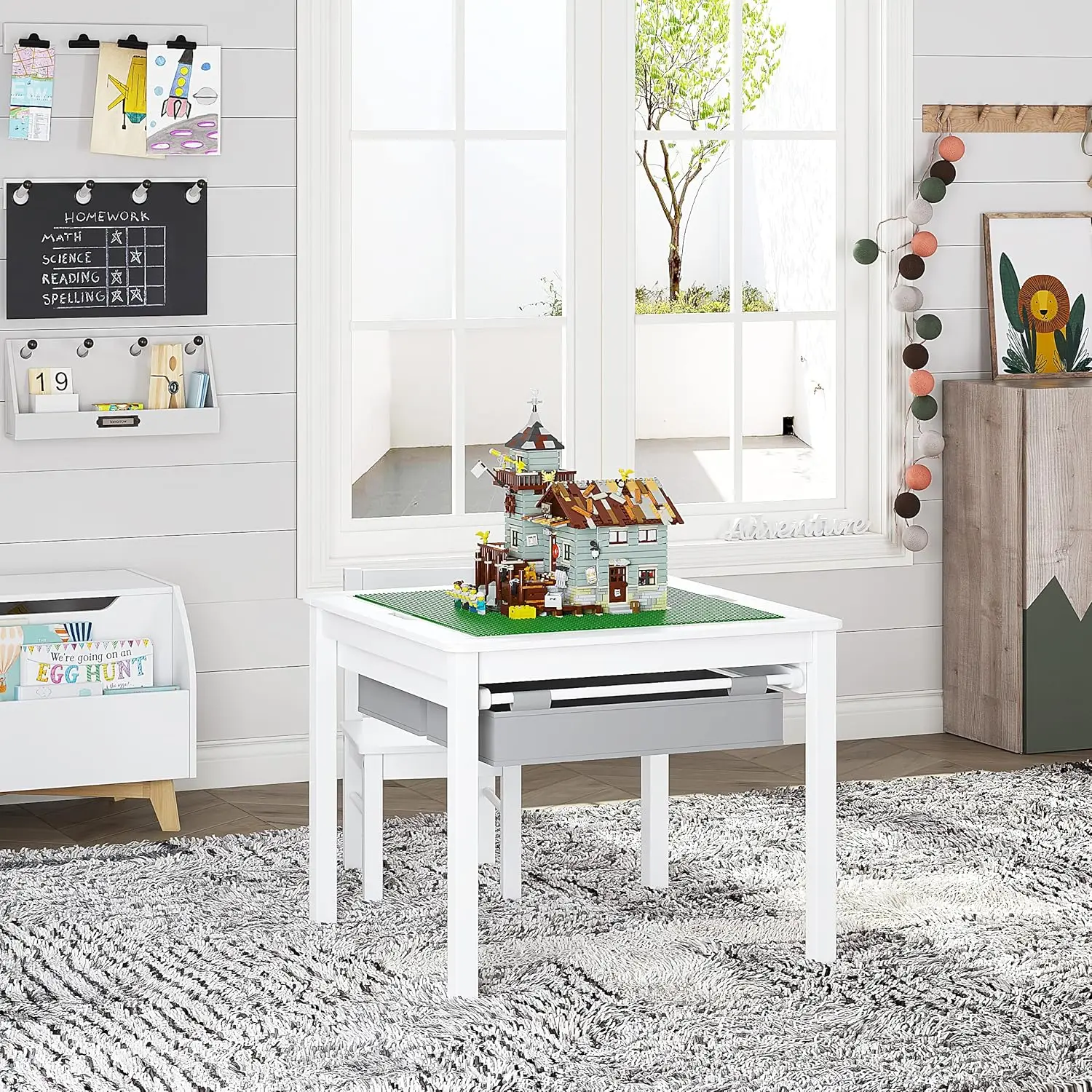 2-in-1 Kids Construction Play Table with Storage Drawers and Smooth Surface, White