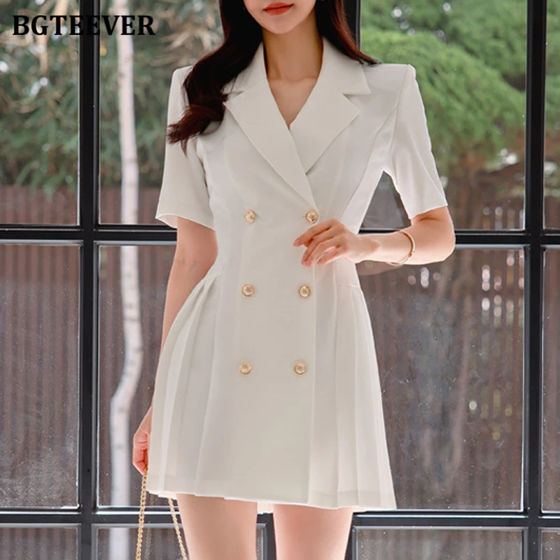 

BGTEEVER Elegant Short Sleeve Women Double Breasted Suit Dress Summer Notched Collar Ladies Slim Pleated A-line Mini Dress