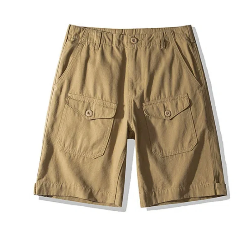 May Khaki Canvas Multi-pocket Cargo Shorts Casual Men's Outdoor Casual Shorts Quarter Pants