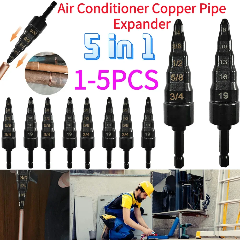 

1-5Pcs 5 In 1 Air Conditioner Copper Pipe Expander Swaging Drill Bit Set Swage Tube Expander Soft Copper Tube For HVAC Repair