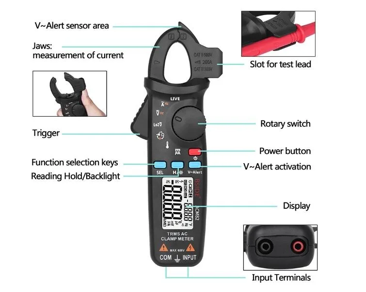 BSIDE-Digital AC/DC atual braçadeira medidor, True RMS, Dual Display, Volt-alerta, teste ao vivo, ACM82, 6000 contagens
