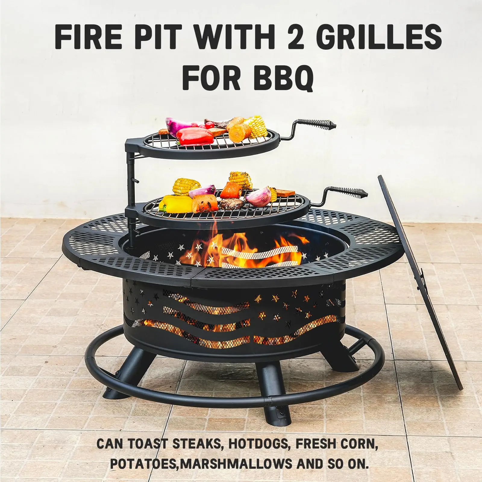 36 Inch Fire Pit with 2 Cooking Grates, Grill Fire Pit with Lid