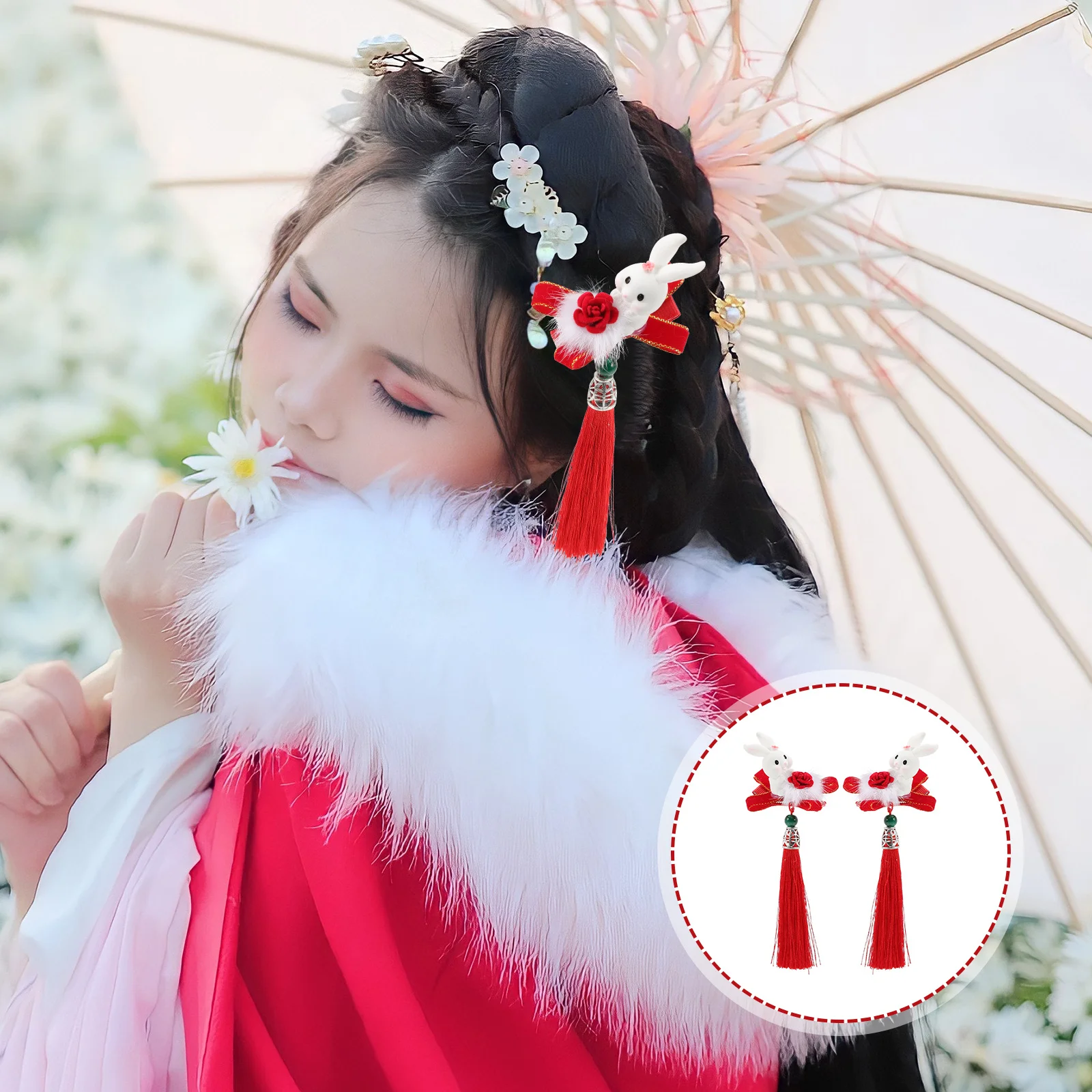 

2 шт., заколки для волос с кисточками в китайском стиле, детские заколки для волос, милый головной убор, вечерние заколки для девочек, заколки для волос с кроликом