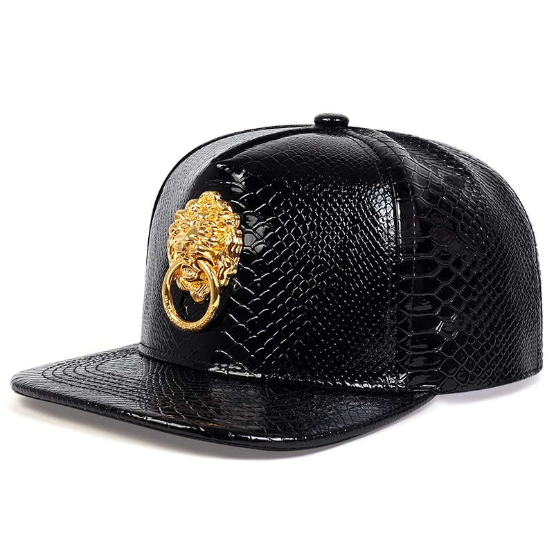 Fashion Snapback Men Flat Baseball Cap Golden Lion Loop Multi Color Figure PU Leather Hip Hop Cap Punk Casual Street Trend Caps