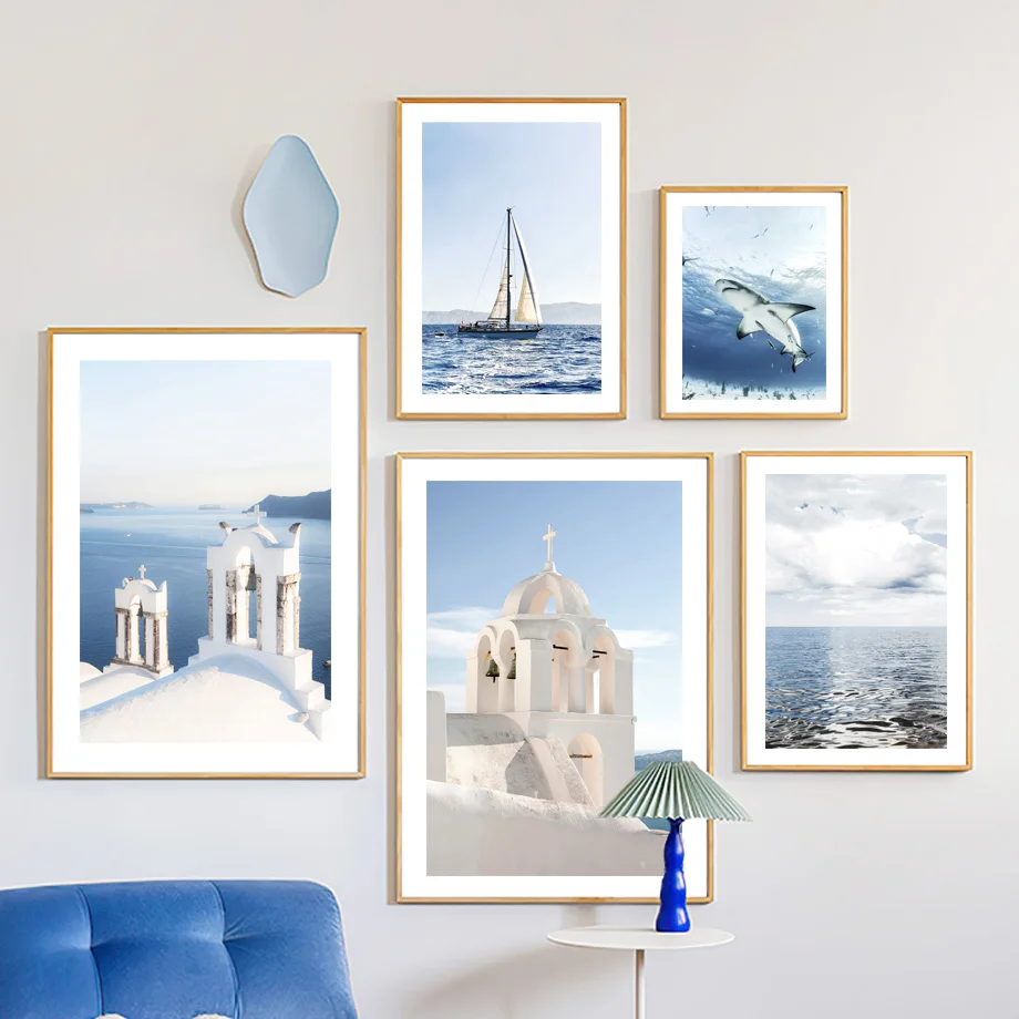 Santorini Blue Calm Ocean Sailing Boat Shark Church Wall Art Canvas Painting Nordic Posters Picture For Living Room Home Decor