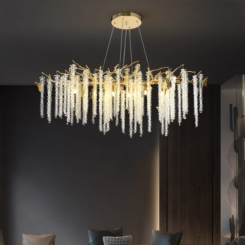 

Crystal Pendant Lamps Villa Ltalian Light Luxury Restaurant Chandelier New Creative Branch Tassel American Living Room Fixture